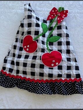 Youngland Black & White Gingham Dress with Red Polka Dot Bow